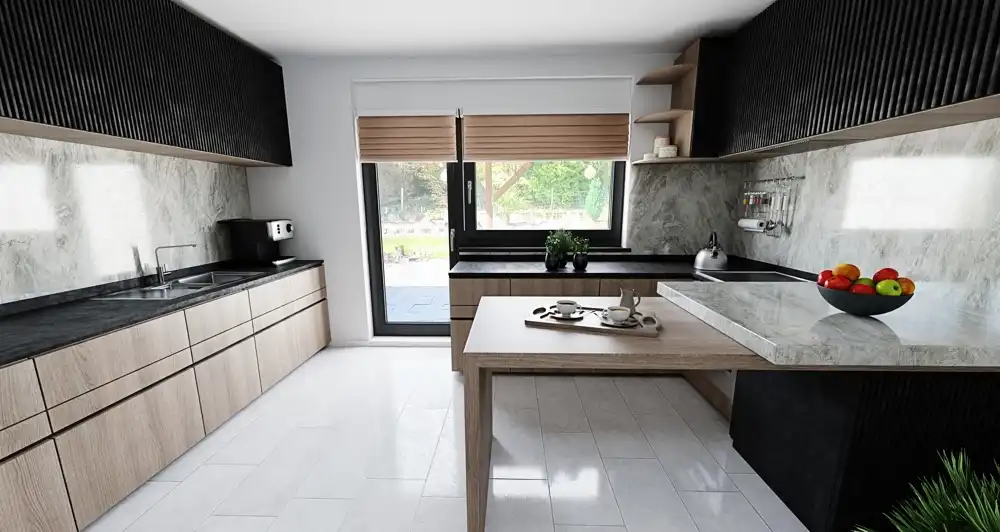 Küche mit Zugang zum Garten